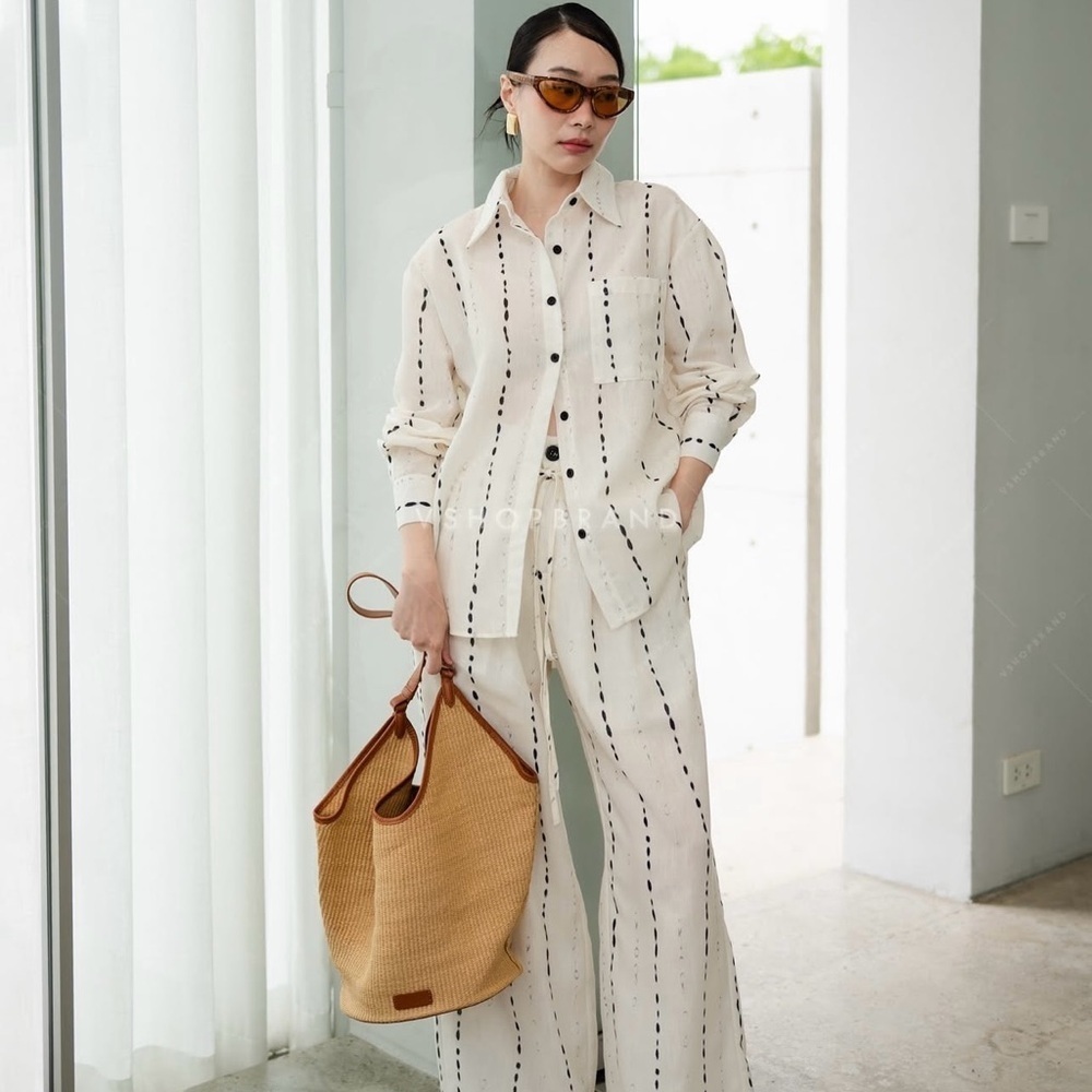 Cream Striped Women's Pants & Jumpsuit Set